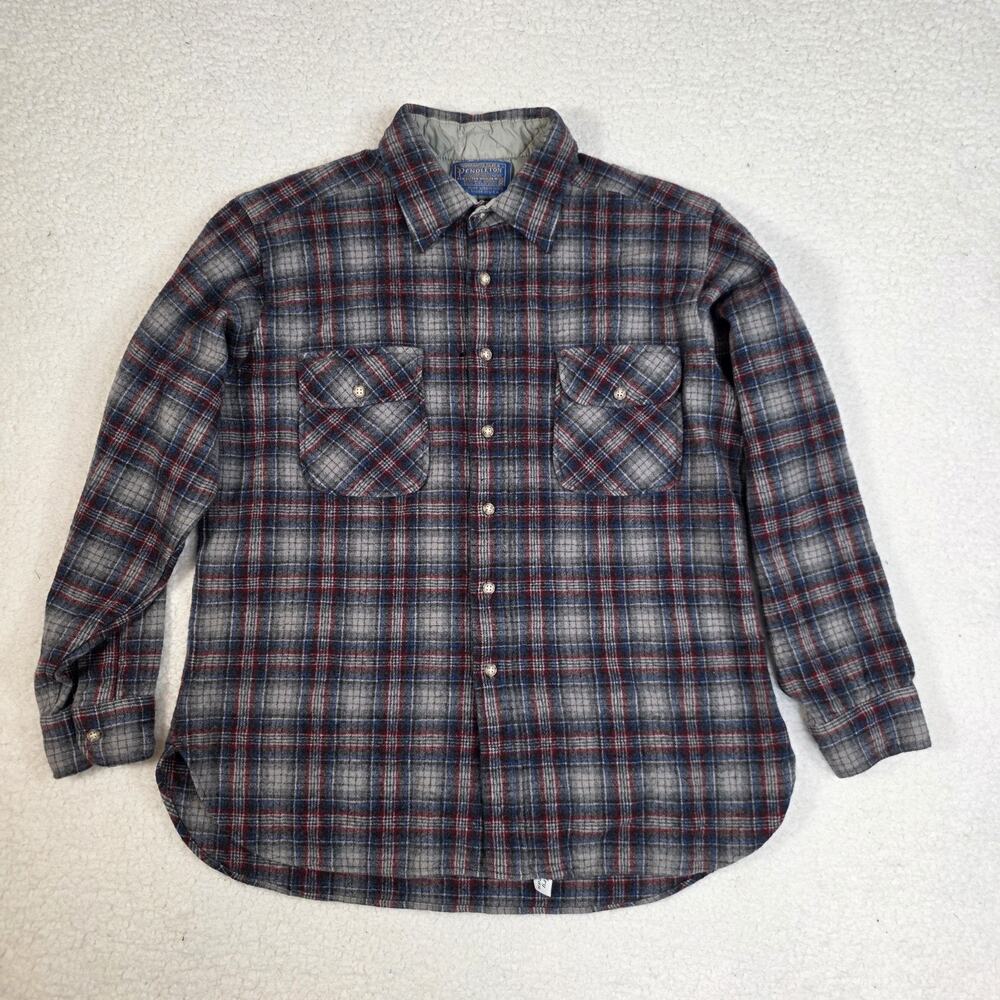 Vintage Pendleton Board Tartan Wool Flannel Plaid Work Shirt XL Gray Blue Red